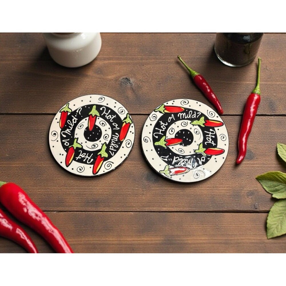 2 Joanne Delomba Handmade with Love For Lotus "Hot or Mild" 9 1/2" Trivet Plates
